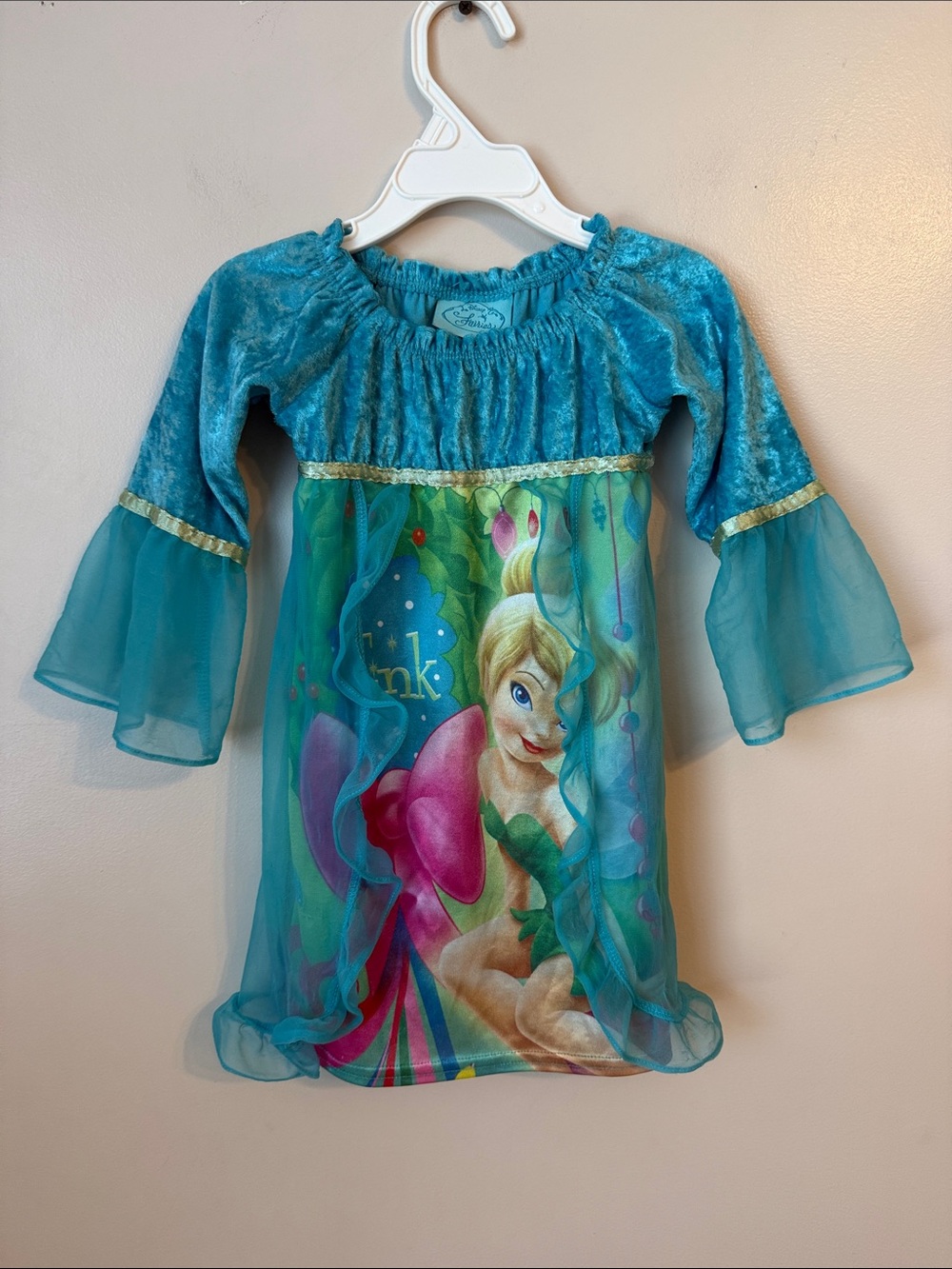 Disney Fairies Tink Velvet Dress Big Pink Ribbon Blue Green Pink Girls 2T